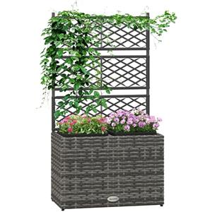 Outsunny Fioriera per Piante con Grigliato per Rampicanti, Aiuola Rialzata con 2 Vasi Interni, Struttura in Acciaio e Rattan PE, 57x30x107cm, Grigio