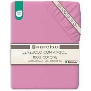 NARCISO Lenzuolo con Angoli Matrimoniale 100% Cotone (180x200 con Angolo di 30cm) Lenzuola Sotto con Angoli Matrimoniale Traspirante ed Anallergico, Biancheria da Letto Made in Italy (2P, Rosa Scuro)