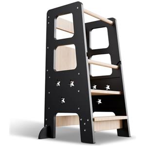 Juskys torre didattica Henny - per bambini da 1 anno, torre Montessoriana, tripla regolazione in altezza, sistema antiribaltamento, sgabello da cucina - nero
