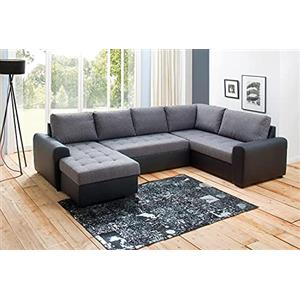 AVANTI TRENDSTORE - Merlin - Divano ad angolo con funzione letto e cassettone integrato in microfibra, nero/grigio, Penisola lunga ordinabile a sinistra o a destra (Penisola sinistra)