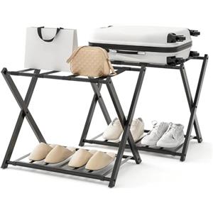 GIANTEX 2 Pz di Portavaligia Pieghevole, Portata 70 kg, a 2 Ripiani, con Scarpiera, Struttura in Ferro, Multiuso Salvaspazio, Ideale per Viaggio e Hotel, 63,5x44x67 cm, 2 Colori (Nero)