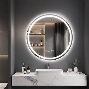 Dripex Rotondo Specchio da bagno con illuminazione 50cm Luce Specchio con Orologio Termometri Anti-Nebbia Led Specchio Bagno con 3 Temperature Colore e Dimmerabile Smart Touch IP44