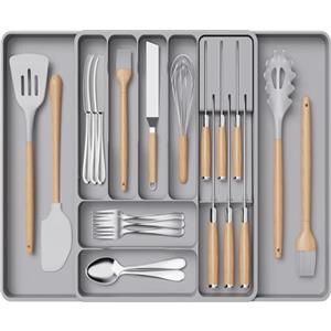 Lifewit Portaposate a Cassetto Espandibile, Porta Posate per Cucina, Portaposate Regolabile con Supporto per Coltelli Rimovibile, Organizer Posate Salvaspazio, Profondità 40 cm, 1 Pacchi, Grigio