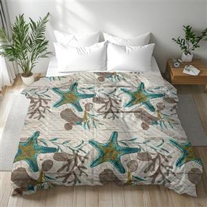 LARA MORADA Copriletto trapuntato Matrimoniale, trapuntino 2 Posti, Primaverile/Estivo, Stampato, Disegni Marinari, Morbida Microfibra con trapuntatura elettrosaldata imbottita (Stella Marina Verde)