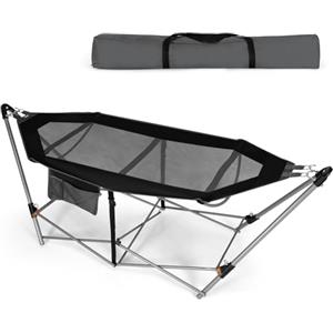 KOMFOTTEU Amaca da giardino con supporto pieghevole in metallo, sedia amaca portatile in tessuto a rete, letto da campeggio con borsa da trasporto, lettino con carico 150 kg, 227 x 82 x 89 cm (Nero)