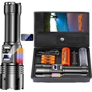 Relybo Torcia Led Potente Professionale, 1000000 Lumens Torcia Led Ricaricabile, Torce Led Alta Potenza Ricaricabili, 9 Modalità, Luce Laterale COB, Torcia Tattica Militare Per Campeggio Emergenza