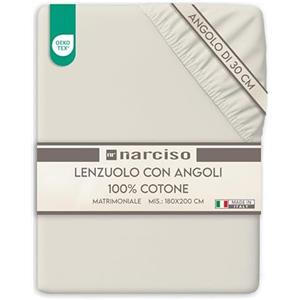 NARCISO Lenzuolo con Angoli Matrimoniale 100% Cotone (180x200 con Angolo di 30cm) Lenzuola Sotto con Angoli Matrimoniale Traspirante ed Anallergico, Biancheria da Letto Made in Italy (2P, Panna)