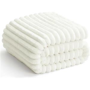 WAVVE Coperta Plaid Pile 150x200 cm, Coperta Letto Singolo/Letto Matrimoniale, Coperta di Flanella a Righe per Soggiorno, Letto, Coperta Divano Caldo Morbida, Lana Bianca
