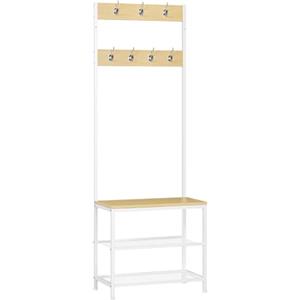 WOLTU Appendiabiti Panca Porta Scarpe 3 in 1, Scaffale per Scarpe a 2 Livelli con Sedile e 7 Ganci, per Corridoio/Ingresso, Metallo + Legno Ingegnerizzato, Bianco + Rovere Chiaro, 60x31,5x170cm