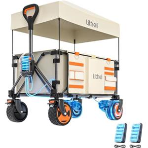 LiTHELi Carrello Elettrico Pieghevole, Carrello a Mano Pieghevole con Doppio Motore e Freni, 150L 60KG adatto per Campeggio, Giardino, Spiaggia, Shopping (Beige, W2 Pro con Telo di Copertura)