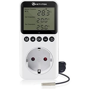 KETOTEK Digitale Presa Termostato con Timer Giorno Notte, Spina Termostato Temporizzato Rettili Terrario Regolatore di Temperatura con Sonda 220V