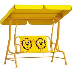 AIYAPLAY Dondolo per Bambini da Esterno a 2 Posti con Tettuccio Regolabile e Cinture di Sicurezza, Altalena Dondolo da Giardino e Interno in Acciaio e Oxford, Max 60 kg, 112x75x120 cm, Giallo