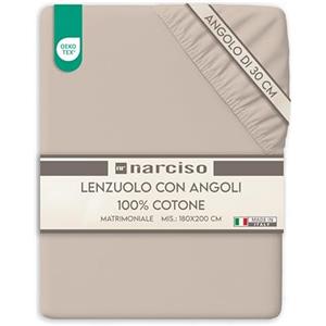 NARCISO Lenzuolo con Angoli Matrimoniale 100% Cotone (180x200 con Angolo di 30cm) Lenzuola Sotto con Angoli Matrimoniale Traspirante ed Anallergico, Biancheria da Letto Made in Italy (2P, Sabbia)