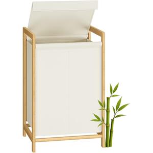 SONGMICS Cesto Portabiancheria 2 Scomparti, Cesta Porta Biancheria Sporca, Struttura in Bambù, Coperchio Rinforzato e Rimovibile, Sacco Rimovibile, 100 L, Bianco Crema RLH102WD01