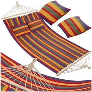 tectake® Amaca per Due Persone, Barra in Legno, Con 2 Cuscini Morbidi, Comoda e Resistente, Arredamento Esterno, Campeggio, Escursioni, Balcone, Beige, Capacità 240 kg - Righe