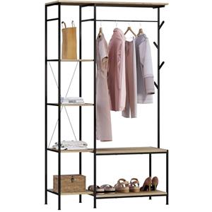 eSituro Stand Appendiabiti con Panca, Porta Abiti da Camera 3 in 1 con 4 Ripiani, 4 Ganci, 1 Asta Appendiabiti, per Corridoio, Ufficio, Camera da Letto, 100x40x175cm, Rovere Chiaro+Nero