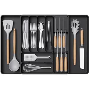 Lifewit Portaposate a Cassetto Espandibile, Porta Posate per Cucina, Portaposate Regolabile con Supporto per Coltelli Rimovibile, Organizer Posate Salvaspazio, Profondità 40 cm, 1 Pacchi, Nero