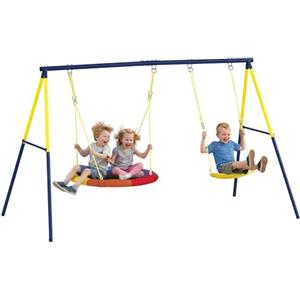 AIYAPLAY Set di Altalene per Bambini con Doppia Altalena, Parco Giochi da Esterno con Corde Regolabili, Struttura in Metallo per Età 3-8 Anni, Capacità 150kg, Multicolore