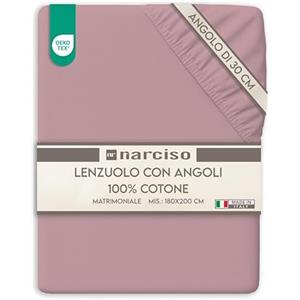 NARCISO Lenzuolo con Angoli Matrimoniale 100% Cotone (180x200 con Angolo di 30cm) Lenzuola Sotto con Angoli Matrimoniale Traspirante ed Anallergico, Biancheria da Letto Made in Italy (2P, Cipria)