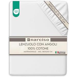 NARCISO Lenzuolo con Angoli Matrimoniale 100% Cotone (180x200 con Angolo di 30cm) Lenzuola Sotto con Angoli Matrimoniale Traspirante ed Anallergico, Biancheria da Letto Made in Italy (2P, Bianco)