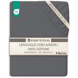 NARCISO Lenzuolo con Angoli Matrimoniale 100% Cotone (180x200 con Angolo di 30cm) Lenzuola Sotto con Angoli Matrimoniale Traspirante ed Anallergico, Made in Italy (2P, Grigio Scuro)