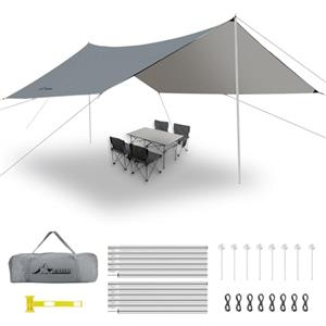 WADEO Kit Telo Copertura con Pali, [3,6x4,8M] [Pioli Luminosi & Martello] Impermeabile, Protezione UV, Telo da Sole e Pioggia per Amache e Tende, Ideale per Campeggio, Picnic, Spiaggia, Giardino