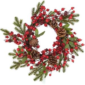 Baroni Home Ghirlanda Natalizia, Ghirlanda di Natale Decorativa, Addobbo Natalizio per Interni ed Esterni, 30X30X8 cm, Rosa Selvatica Rossa Piccola