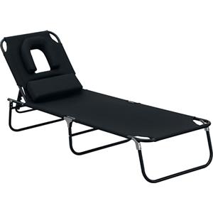 HOMCOM Outsunny Sedia Sdraio da Esterno Pieghevole con Foro per il Viso e Cuscini, Lettino Prendisole da Giardino, Spiaggia e Campeggio, Nero