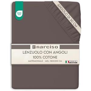 NARCISO Lenzuolo con Angoli Matrimoniale 100% Cotone (180x200 con Angolo di 30cm) Lenzuola Sotto con Angoli Matrimoniale Traspirante ed Anallergico, Biancheria da Letto Made in Italy, 2P, Fango