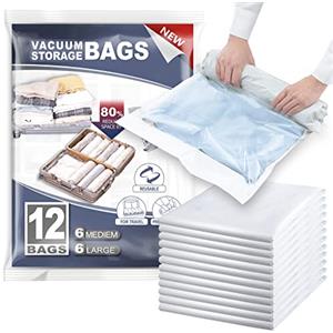 TAILI Sacchetti Sottovuoto Vestiti Viaggio 12 Pezzi 2 Taglie 70 x 45 CM, 60 x 40 CM Rotolo Di Mano Sacchetti Sottovuoto per Viaggio, Valigia, Zaino, Senza Pompa Necessaria Sacchetti Vestiti Viaggio