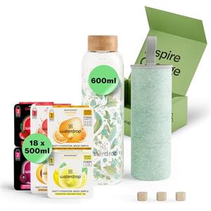 waterdrop MICRODRINK waterdrop® Bottiglie Vetro 600ml con 18 Drops senza zucchero - idee regalo donna - Pacchetto degustazione con Borraccia e 6 gusti aromatizzanti per acqua, senza zuccheri - Cofanetto regalo donna