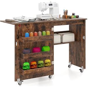 GIANTEX Tavolo da cucito pieghevole per macchina da cucire su ruote, tavolo da cucito per macchina da cucire, mobile da cucito in legno, tavolo multiuso per soggiorno, studio, camera da letto (vintage