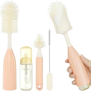 Vicloon Scovolino Biberon, Spazzola per Biberon con Schiuma Pressabile, Spazzole in Silicone per la Pulizia di biberon, Tazze di Vetro, Thermos e Cannucce (Rosa)