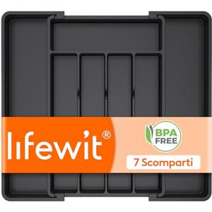 Lifewit Portaposate da Cassetto, Organizer Cucina Espandibile, Porta Posate Regolabile in Resistente Plastica per Cucchiai e Forchette, Profondità 34cm, Estensione max 41 cm, 1 Pacchi, Nero
