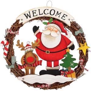 COM-FOUR® Ghirlanda natalizia - Ghirlanda per porta con scritta "WELCOME" - Decorazione natalizia da appendere - Ghirlanda di legno ca. Ø 30 cm (Babbo Natale - L)
