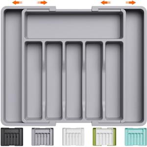 Lifewit Portaposate da Cassetto, Organizer Cucina Espandibile, Porta Posate Regolabile in Resistente Plastica per Cucchiai e Forchette, Profondità 38cm, Estensione max 57 cm, 1 Pacchi, Grigio