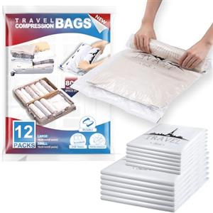 TAILI Sacchetti Sottovuoto Vestiti Viaggio 12 Pezzi 2 Taglie 70 x 45 CM, 60 x 40 CM Riutilizzabili Sacchetti Sottovuoto per Viaggio, Valigia, Zaino, Senza Pompa Necessaria Sacchetti Vestiti Viaggio
