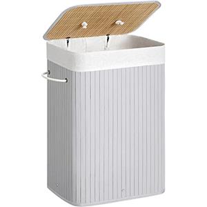 SONGMICS Cesta Portabiancheria con Coperchio, 72 L, Cesto Porta Biancheria in Bambù, Pieghevole, Sacco Rimovibile e Lavabile in Lavatrice, Maniglie, Lavanderia Camera, Grigio LCB010G01