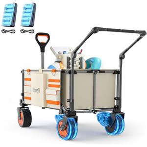 Litheli Carrello elettrico pieghevole, pieghevole, con doppio motore e freni, 150 l, 60 kg, adatto per campeggio, giardino, spiaggia, shopping (beige, W2 pro con asta di spinta)