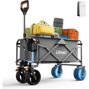 LiTHELi Carrello elettrico pieghevole, carretto a mano pieghevole con motore e freni, 100L 50KG adatto per campeggio, giardino, spiaggia, shopping (Grigio, W1 Go con 1 batteria)