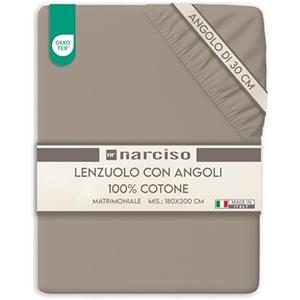 NARCISO Lenzuolo con Angoli Matrimoniale 100% Cotone (180x200 con Angolo di 30cm) Lenzuola Sotto con Angoli Matrimoniale Traspirante ed Anallergico, Biancheria da Letto Made in Italy (2P, Tortora)