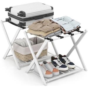 RELAX4LIFE Portavaligie Pieghevole 2 Pezzi, Robusto Portabagagli Multiuso con 2 Ripiani, 68 x 43 x 56 cm, Cavalletto Reggivaligie Salvaspazio con Scarpiera per Casa e Hotel, Portata 80 kg, Bianco