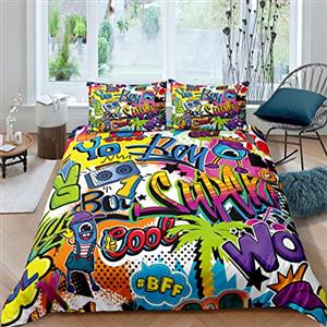 Loussiesd Hip-Hop Set di da Letto per Ragazzi e Bambini,Graffiti,Hippie,Cultura Stradale,Tema Divertente,per Camera da Letto,con Lacci con Cerniera,in Microfibra,1 Copripiumino con 2 federe per Letto
