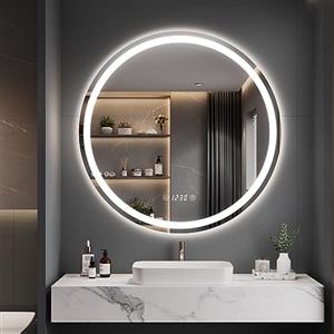Dripex Rotondo Specchio da bagno con illuminazione 70cm Luce Specchio con Orologio Termometri Anti-Nebbia Led Specchio Bagno con 3 Temperature Colore e Dimmerabile Smart Touch IP44