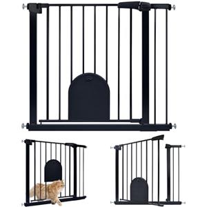 UISEBRT Griglia di protezione per scale, senza foratura, con porta per gatti, larghezza 85-95 cm, chiusura automatica, apertura con una sola mano, in metallo, colore nero