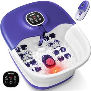 KNQZE Pediluvio con massaggio e funzione di riscaldamento, massaggiatore per piedi pieghevole, telecomando, funzione di riscaldamento, riflessi, timer, pediluvio con 16 rulli shiatsu, viola