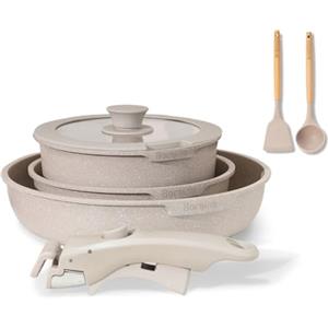 BOREINE Set di Pentole e Padelle 7 Pezzi, Batteria Pentole Antiaderente Senza PFOA e PTFE, Manico Removibile, Compatibile Induzione, Gas, Forno e Tutti i Piani Cottura, Marrone