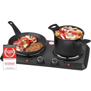 TZS First Austria - Doppia Piastra Elettrica 2500W - Piastre in Ghisa 180 & 150 mm - Termostato a Regolazione Continua - Fornello Portatile per Camping & Cucina - Nero