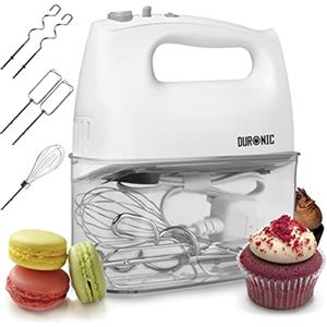 Duronic Sbattitore elettrico 400 W | 5 velocità e funzione turbo | Frusta elettrica con contenitore per accessori | 2 sbattitori 2 ganci e 1 frusta in acciaio INOX (HM4 W, HM4 W)