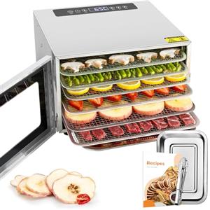 Kwasyo Essiccatore Alimentare Acciaio Inox, 6 Vassi, 67 Ricette, Timer 24 ore, 30-90°C, Lavabile in lavastoviglie, essiccatori per Funghi, Frutta e Verdura, 400W, BPA Free